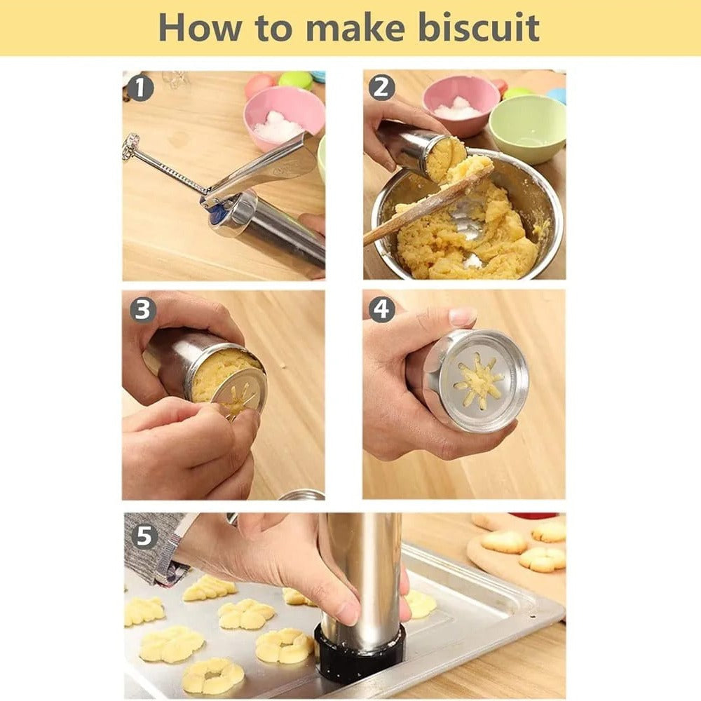 A Person is Demonstrating the steps in making cookies using Biscuit Maker.