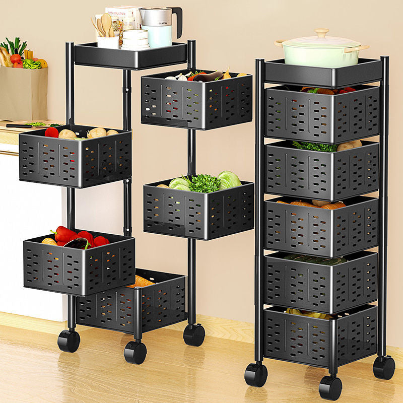 Black multi-tiered storage rack with baskets containing kitchen items on a beige floor.
