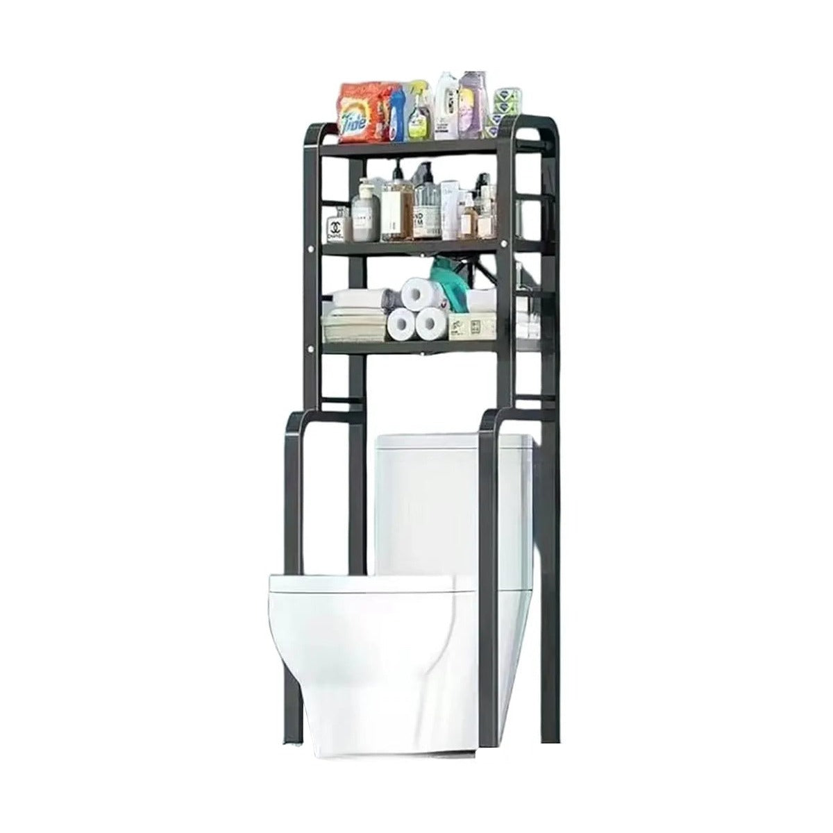 Black Bathroom Storage Cabinet Shelf Organizer With Bath and Laundry Essentials.