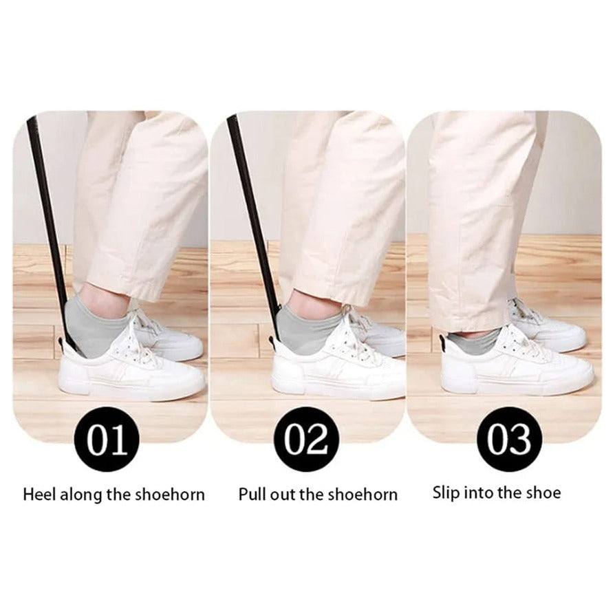 A Person is Wearing Shoe Using Long Handle Shoe Horn.