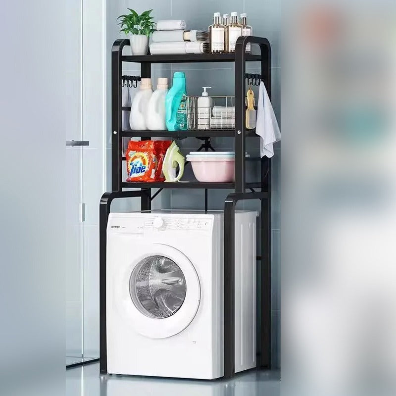 Black Multi-Layer Laundry Shelf Rack Placed Above Washing Machine With Laundry Items On it.
