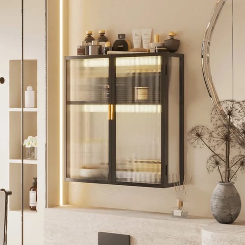Home Storage Rack Shelf With Cabinet Doors Attached On The Wall.