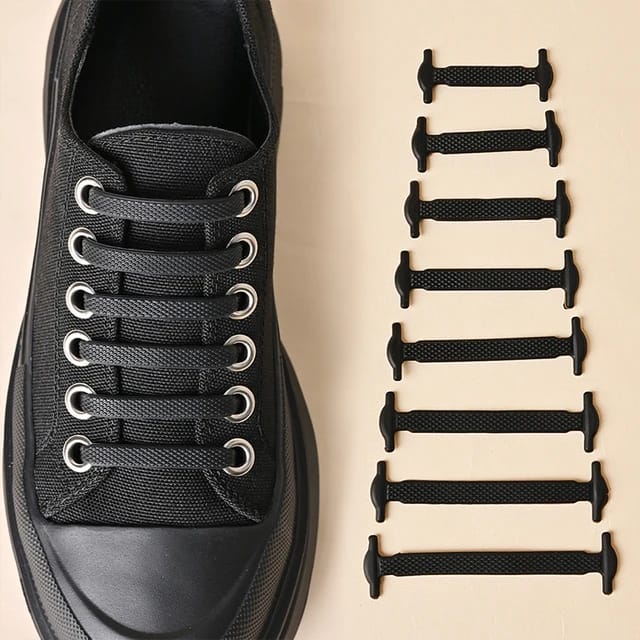 Black Silicone No Tie Creative Shoelaces Fixed On Shoe.