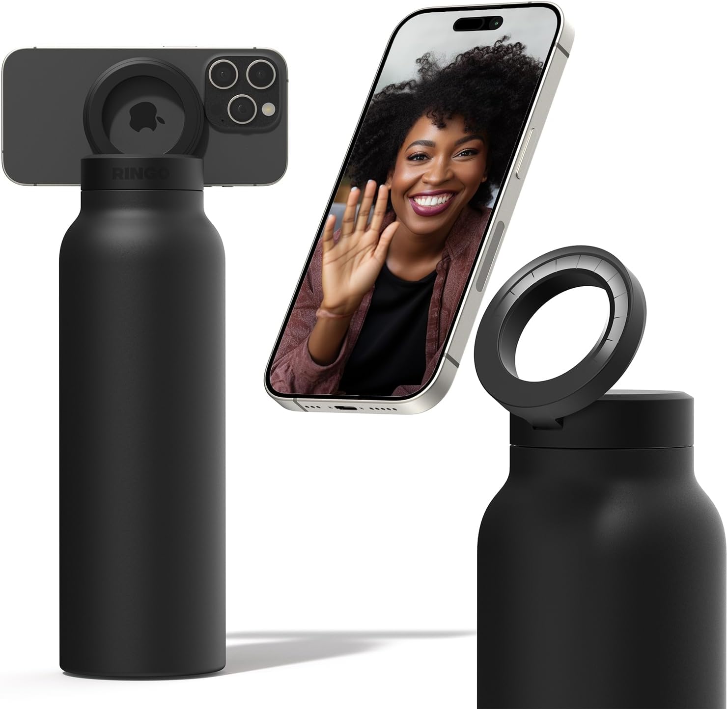 Black Stainless Steel Vacuum Water Bottle With MagSafe Magnetic Phone Holder.