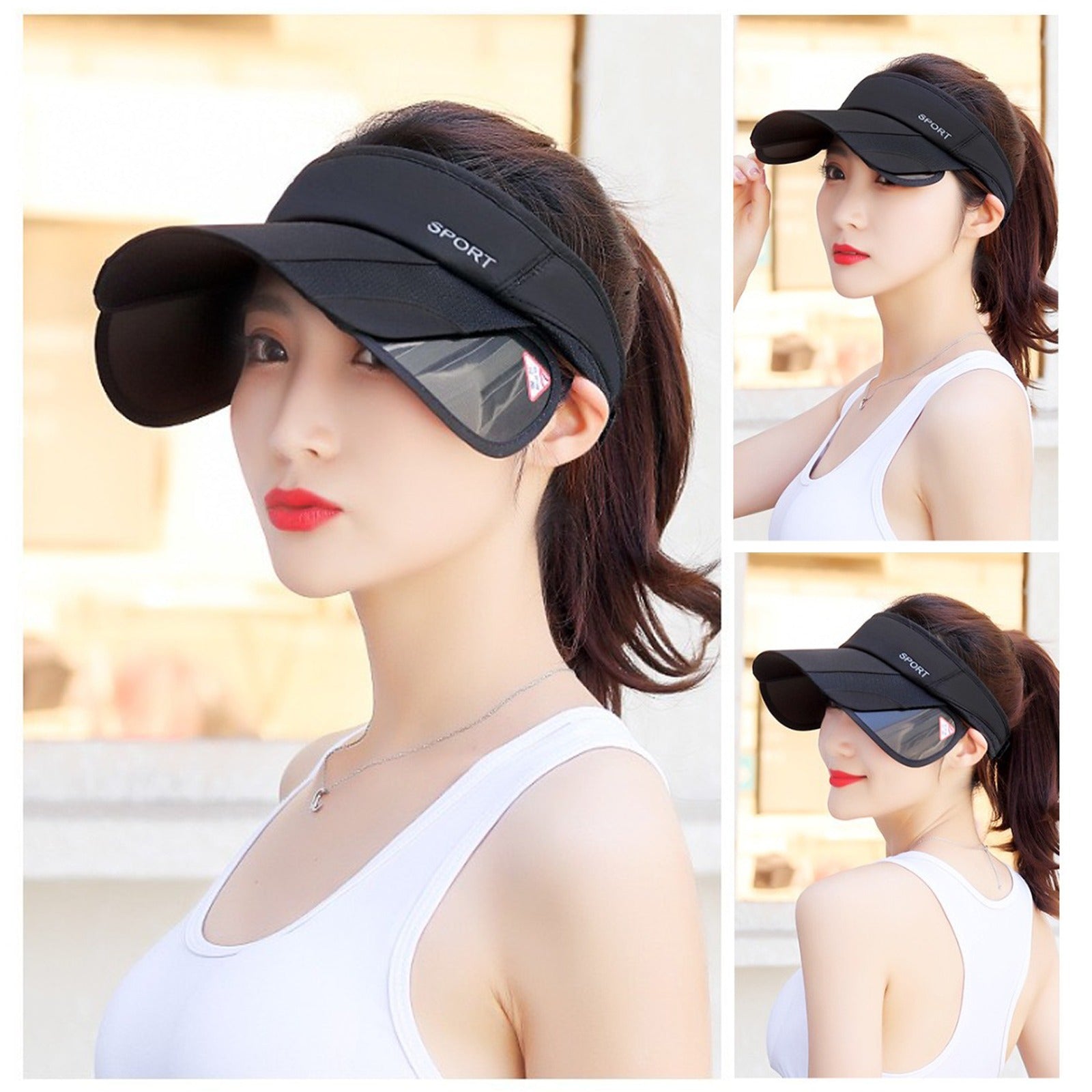 A Women is Wearing Black Sun Visor Protection Cap.