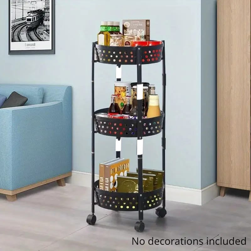 Black Rolling Utility Cart with fruits and vegetables in it.