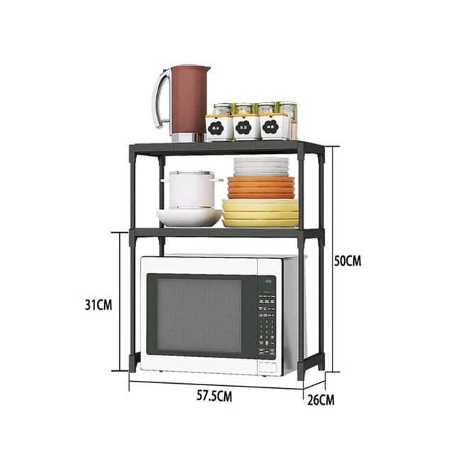 Size of black double-layer rack organizing plates and a microwave on a countertop.