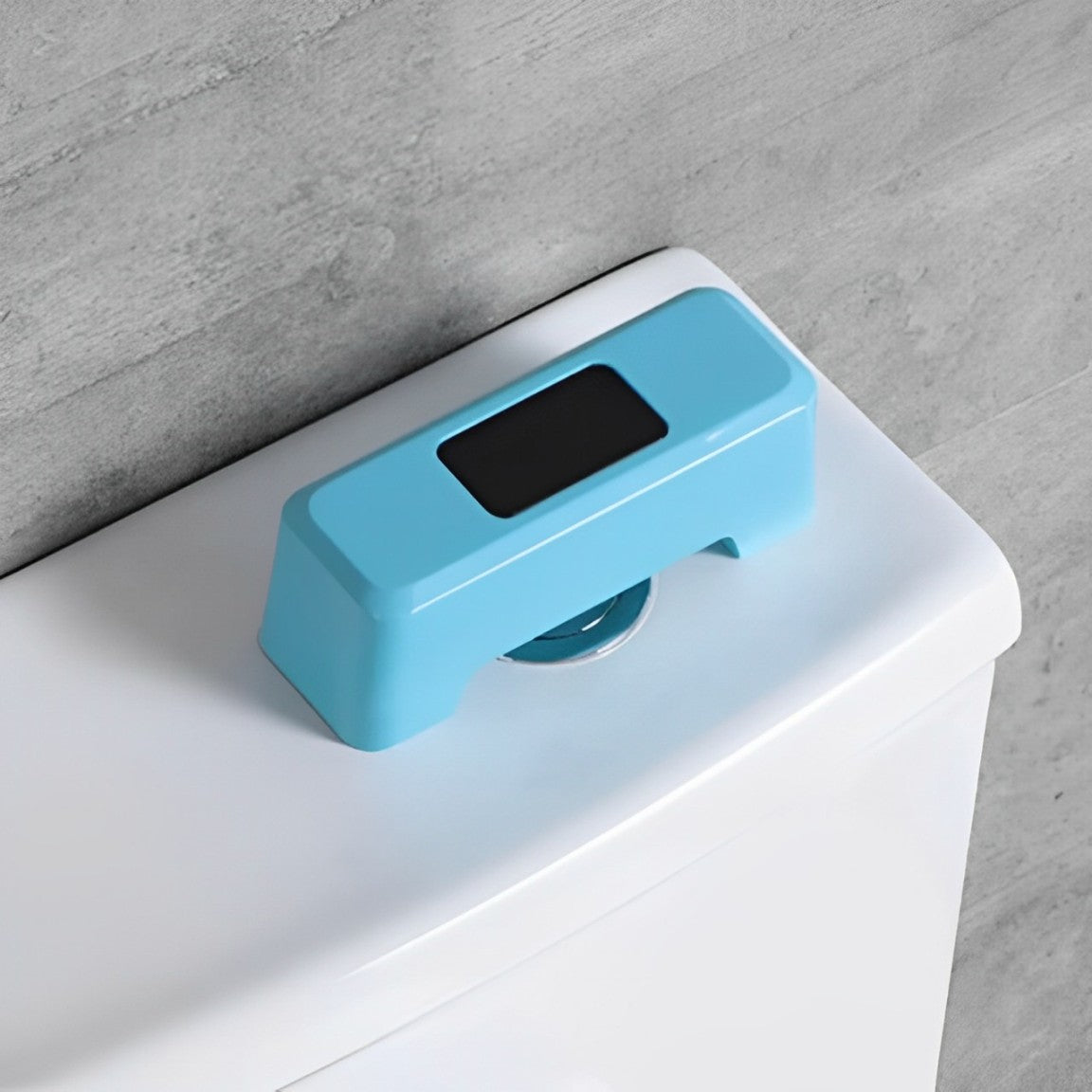 Blue Automatic Sensing Toilet Flush Button is Placed at Bathroom.