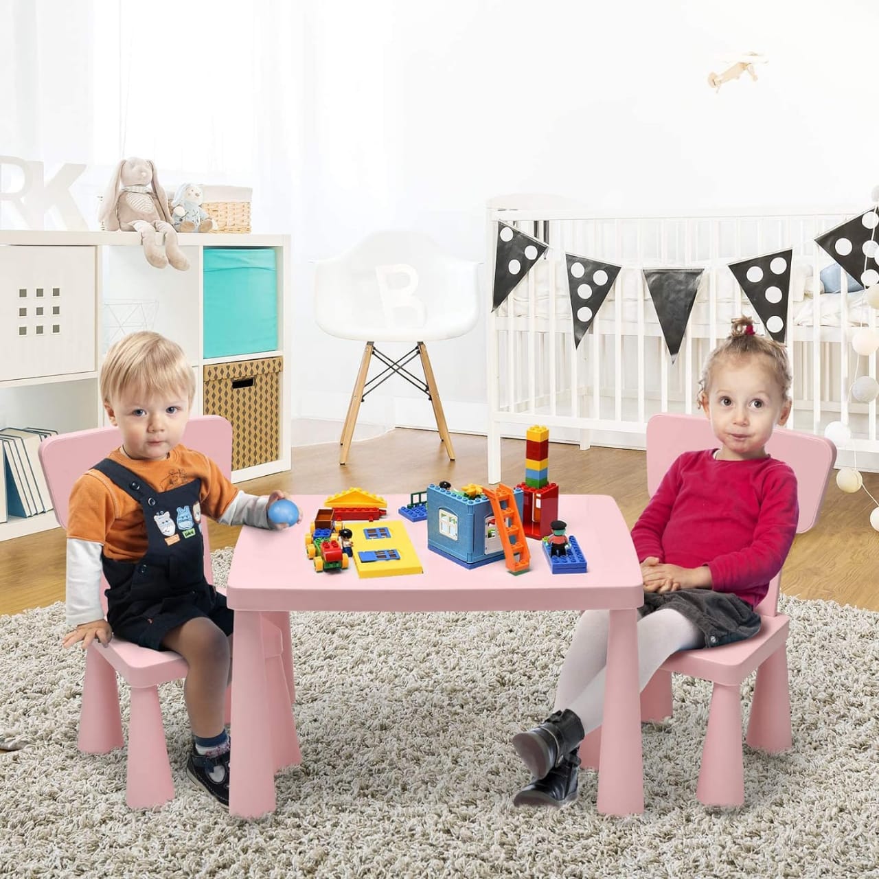 Two Children are Sitting and Playing on Multi-Purpose Kids Table and Chair Set.