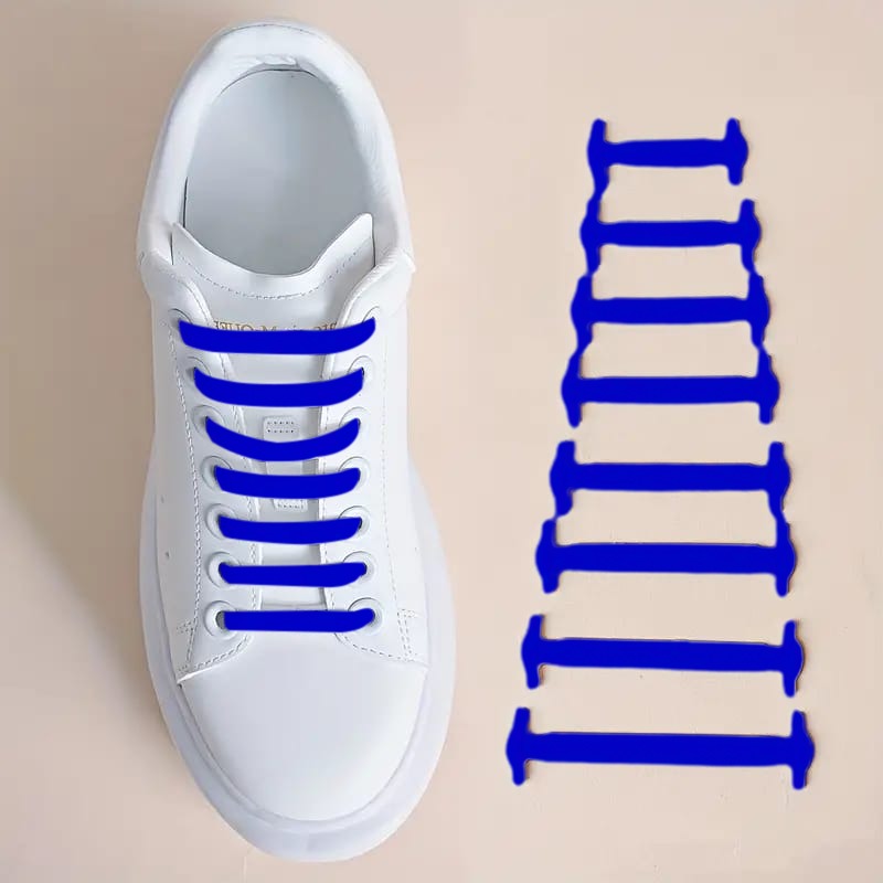 Blue Silicone No Tie Creative Shoelaces Fixed on Shoe.