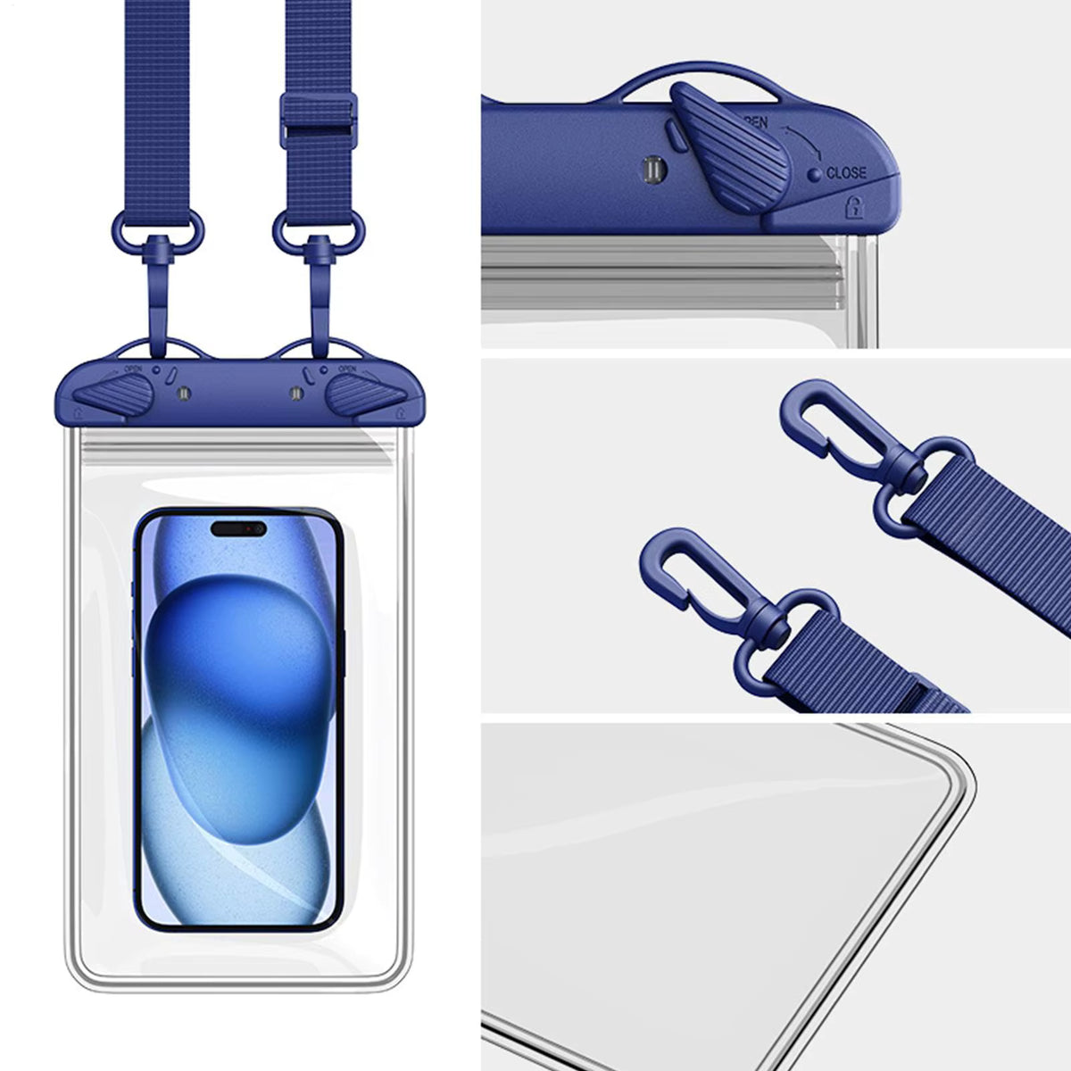 Blue Universal Waterproof Phone Bag with attached lanyard with blue strap and closure mechanism on a white background