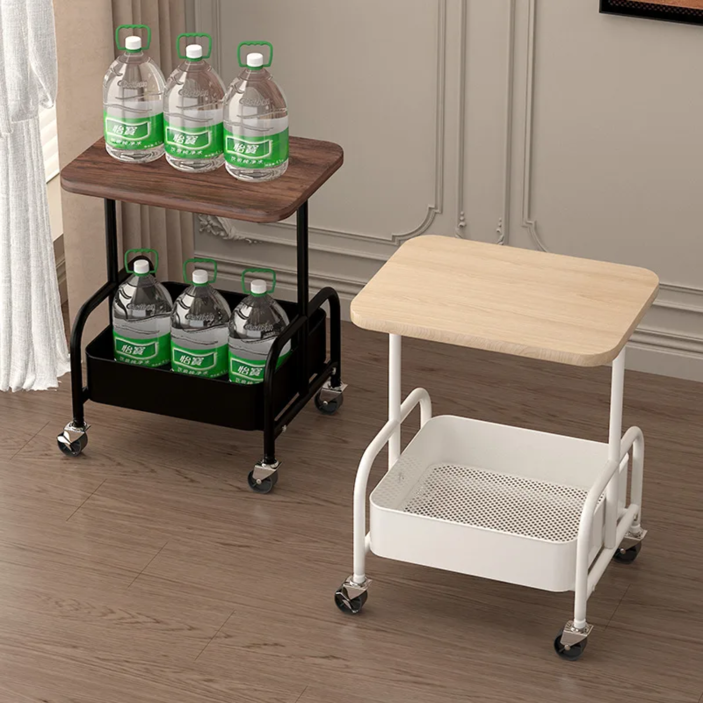 Vintage Mobile Multi-Function Side Table Organized with Bottles.