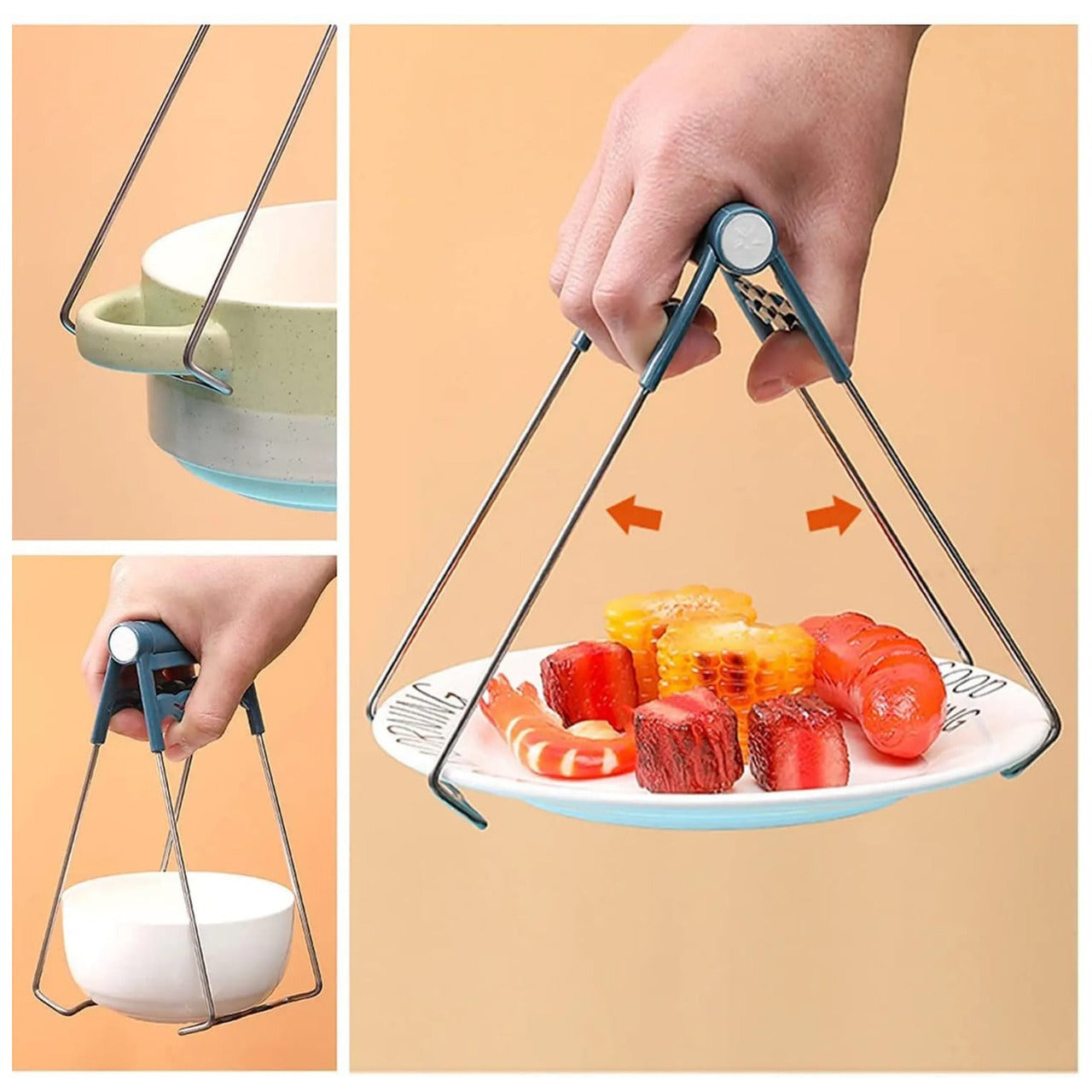 A Person is Holding Dish With Bowl Gripper.