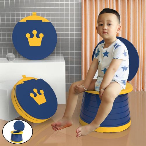 Boy Sitting on Blue Travel Potty Seat.