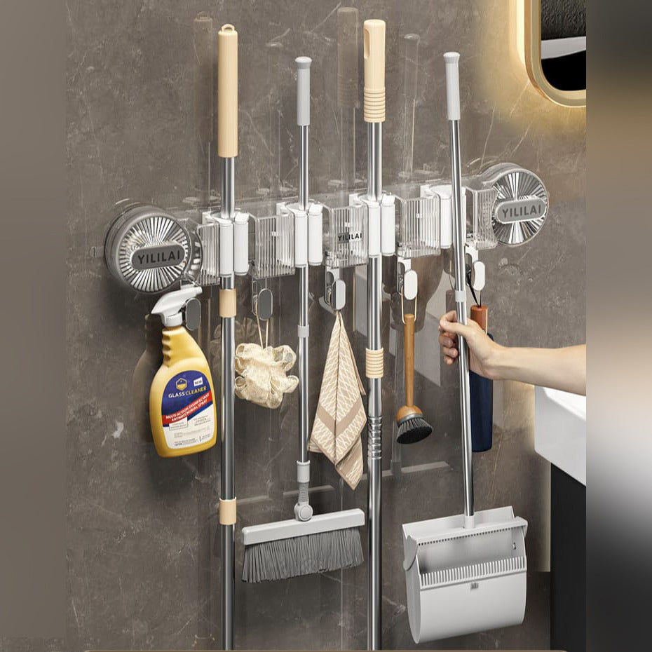 Broom Rak Broom Hanger, Mop Holder, Wall Mounted Bathroom Organizer Rack with Ho