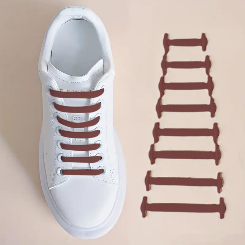 Brown Silicone No Tie Creative Shoelaces Fixed on Shoe.