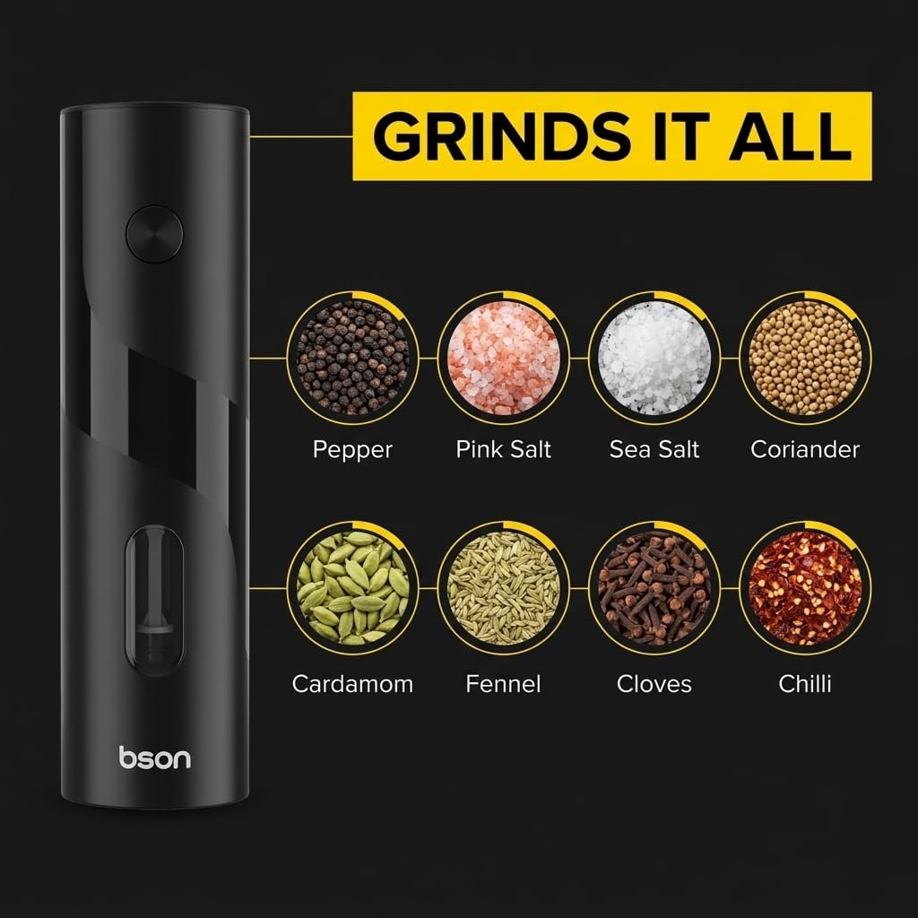 A black Bson pepper mill grinder shown on a black background with a yellow banner reading 'GRINDS IT ALL' and circular insets showing it grinding pepper, pink salt, sea salt, coriander, cardamom, fennel, cloves, and chilli.
