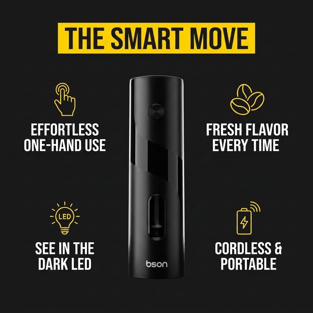 A Bson Electric Pepper Grinder centered on a dark background with yellow and white marketing text reading 'THE SMART MOVE' and feature callouts: effortless one-hand use, fresh flavor every time, see in the dark LED, and cordless & portable.