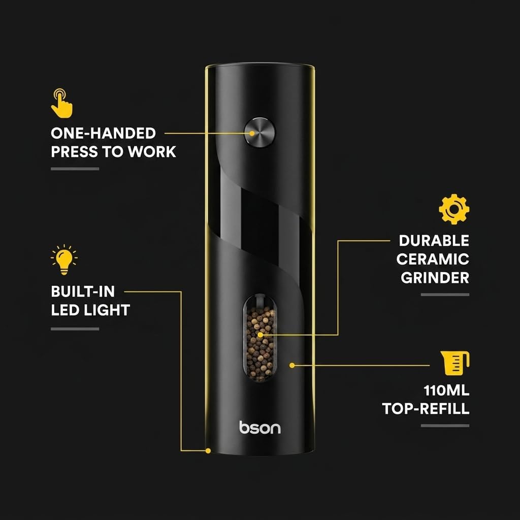 A black Bson electric pepper mill grinder with gold accents, shown on a black background with yellow callout lines and text highlighting features like one-handed operation, built-in LED light, durable ceramic grinder, and 110ml top refill.