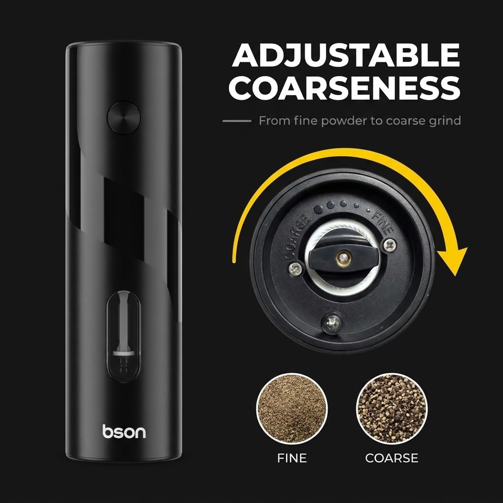 A black Bson electric grinder shown on a dark background with marketing text reading 'ADJUSTABLE COARSENESS' and a close-up of the grinding chamber with a yellow arrow. Two circular insets at the bottom show fine and coarse grind textures.
