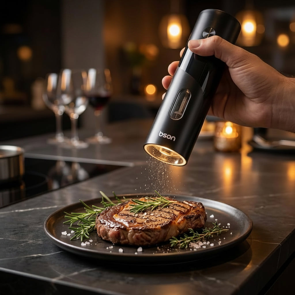 A hand holds a Bson Electric Pepper Grinder over a grilled steak on a dark plate, with coarse salt being sprinkled. The scene is set in a warm, dimly lit kitchen with wine glasses and candles in the background.