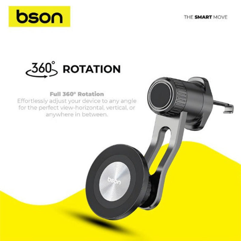 Bson Titan Grip MagSafe Car Phone Holder shown on a white background with yellow graphic accents and product feature text.