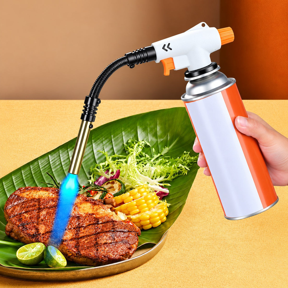 A Person is heating Food  Butane Gas Blow Torch.