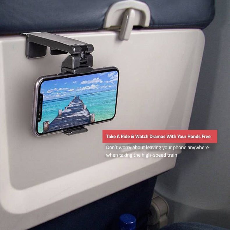 A Mobile is Placed on Aircraft Seat Using Universal Mobile Phone Mount Holder.