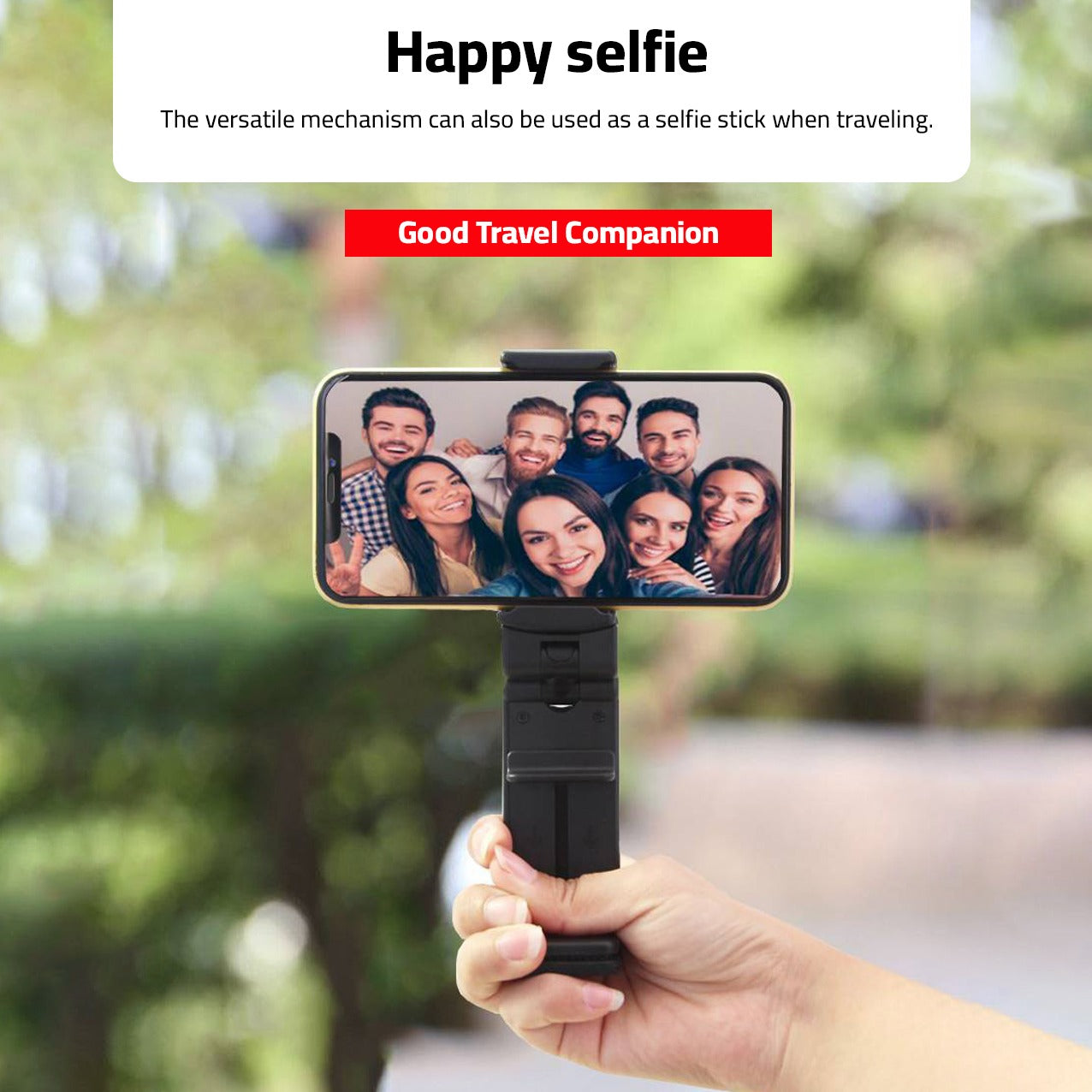 A Group Of People Taking Selfie Using Universal Mobile Phone Mount Holder.