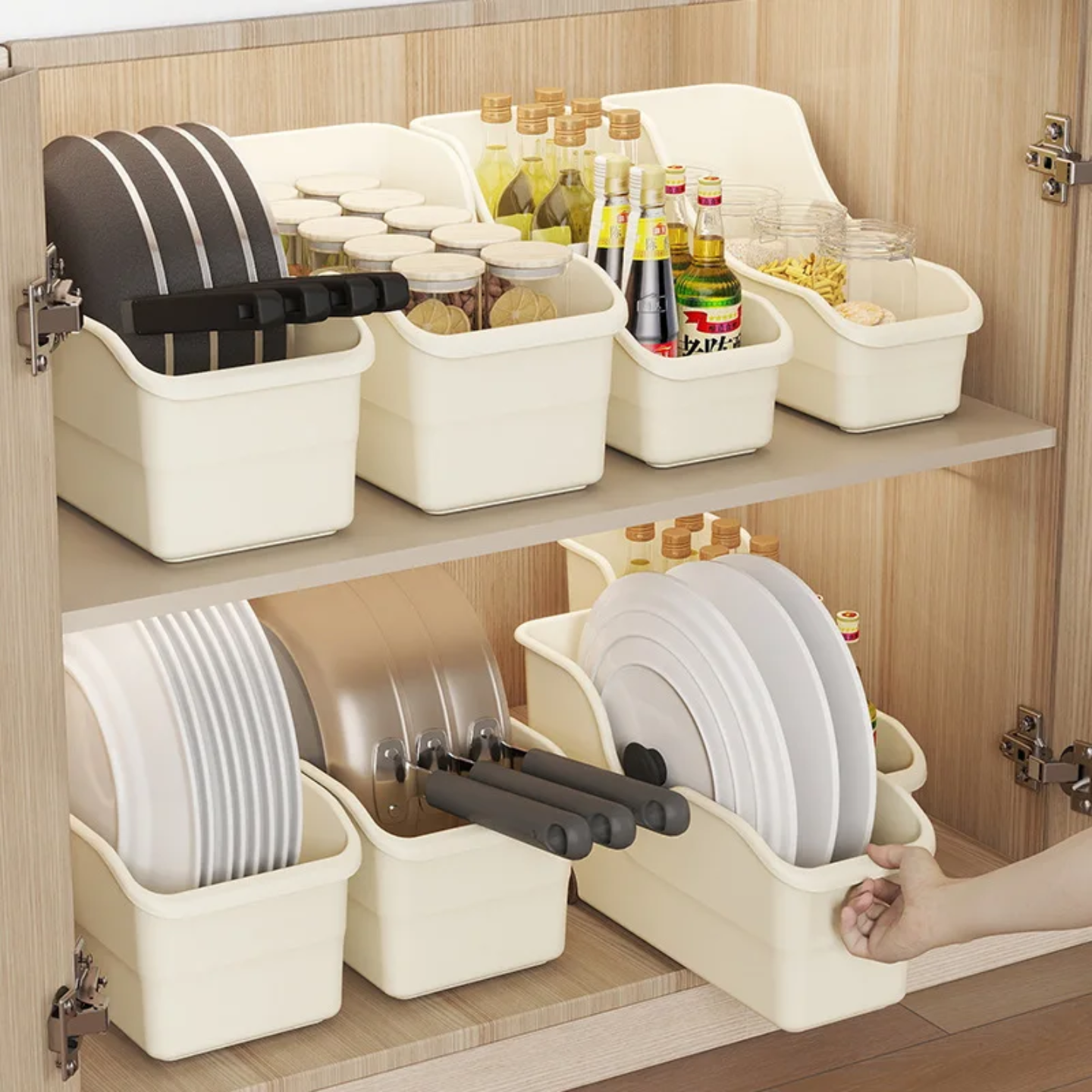 Kitchen Essentials are Organized in a Cabinet Storage Organizer Box Inside Cabinet.