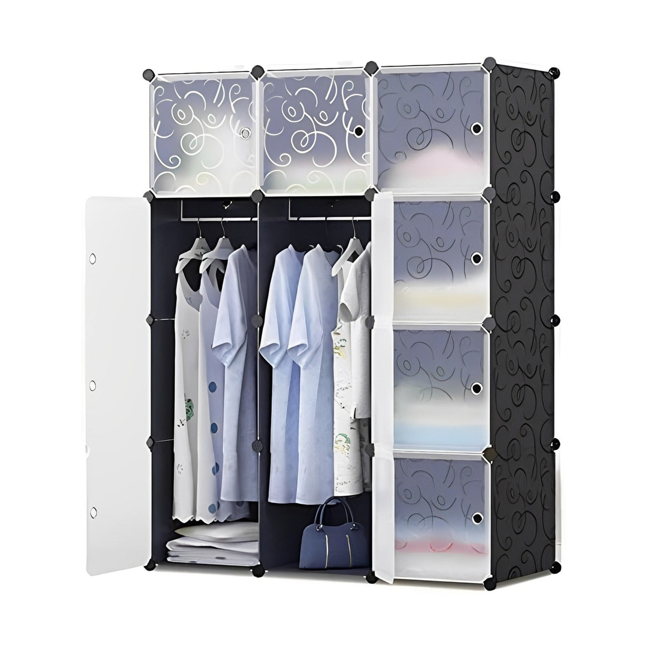 A Cabinet Storage Wardrobe Organizer With Clothes.