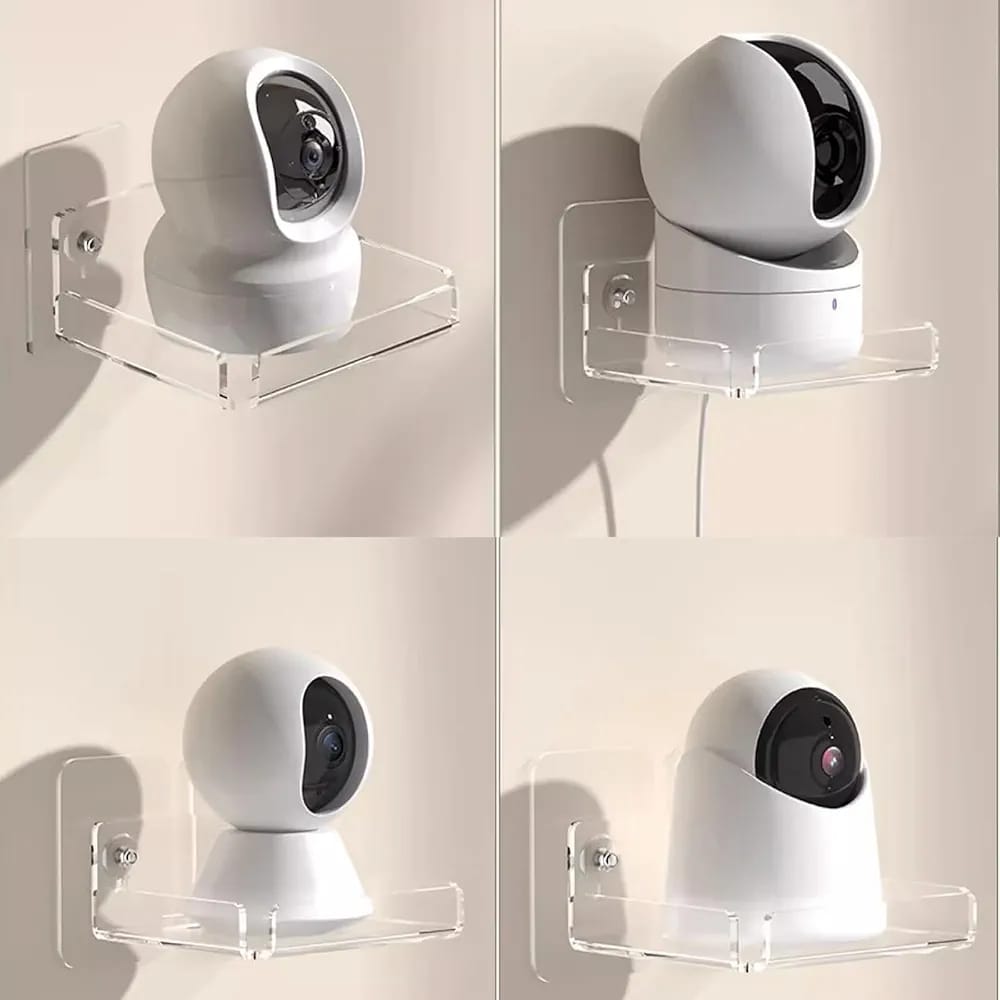 A security camera is placed on a Wall mounted mini storage rack.