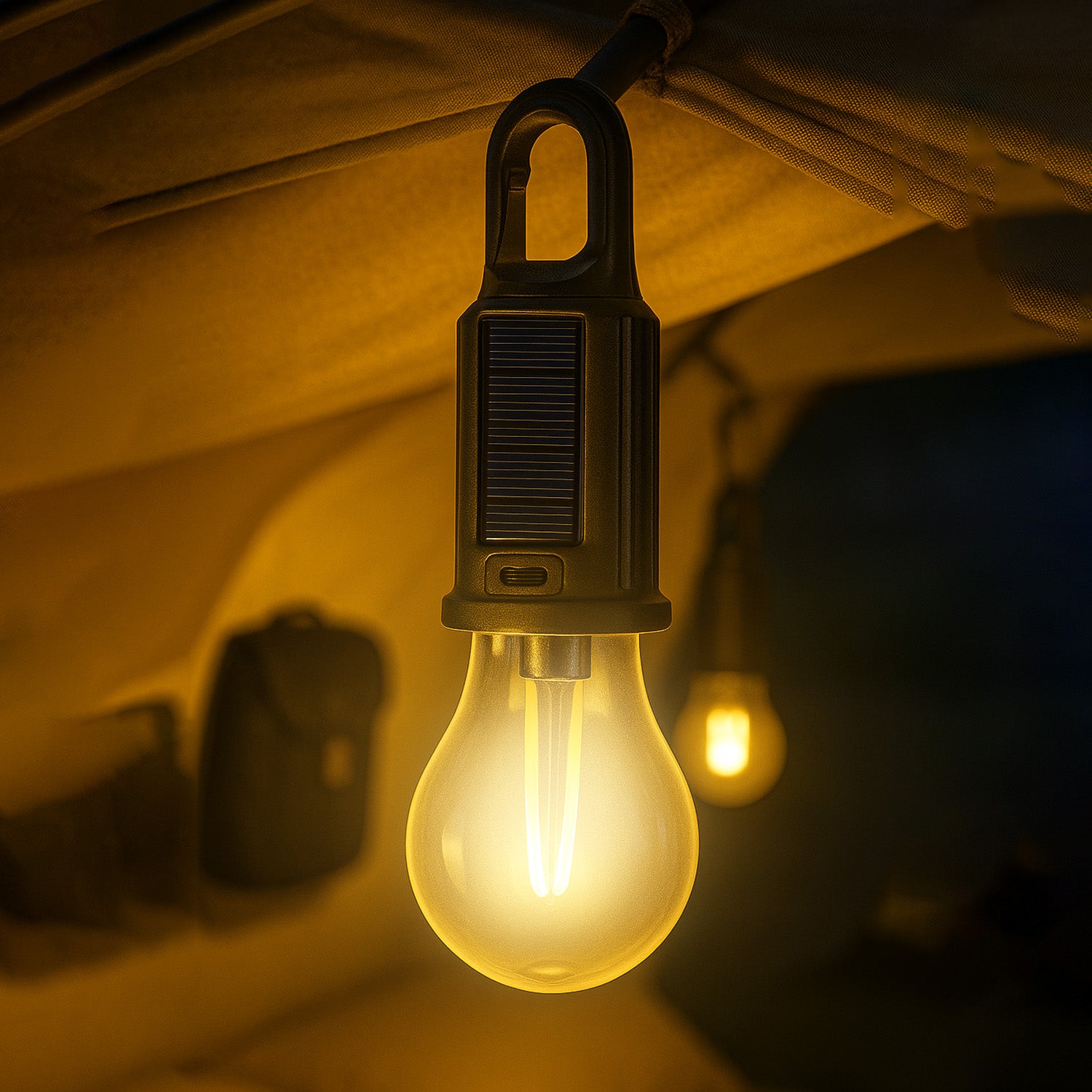 A Camping Lamp is Hanged inside a Camping Tent.