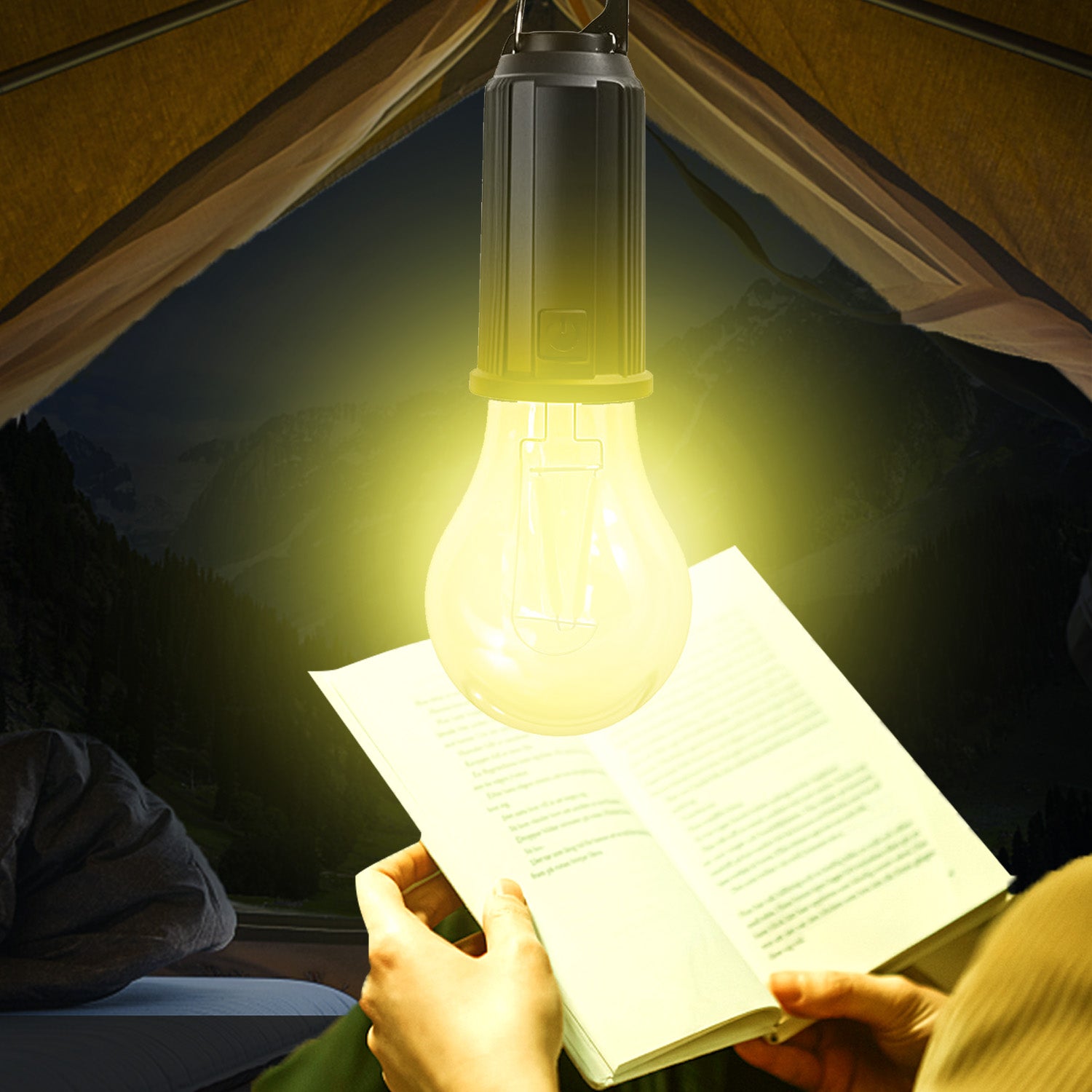A Person is Reading with the Light Of Camping Lamp.
