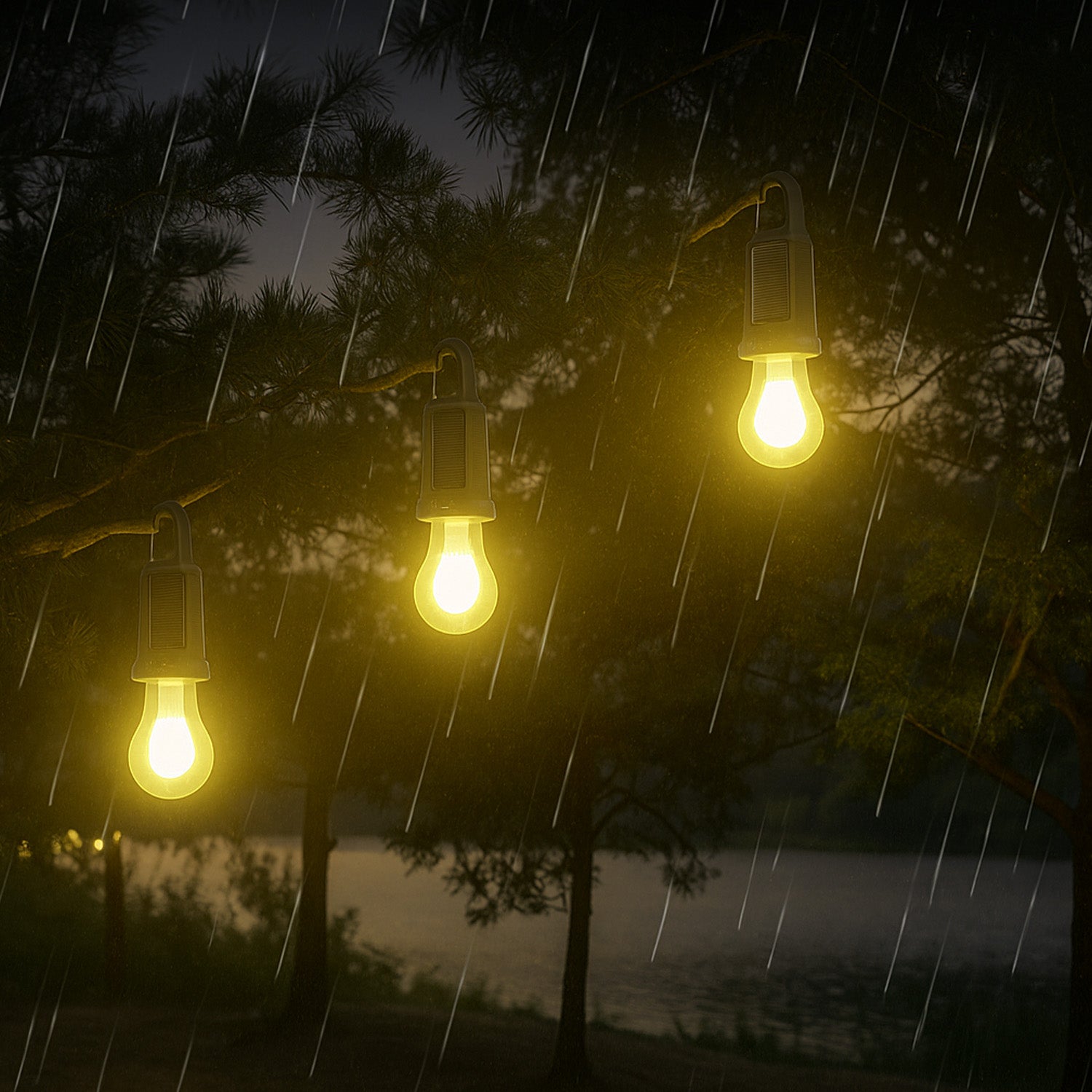 Three Camping Lamps are Hanged in an Outdoor and its Raining.