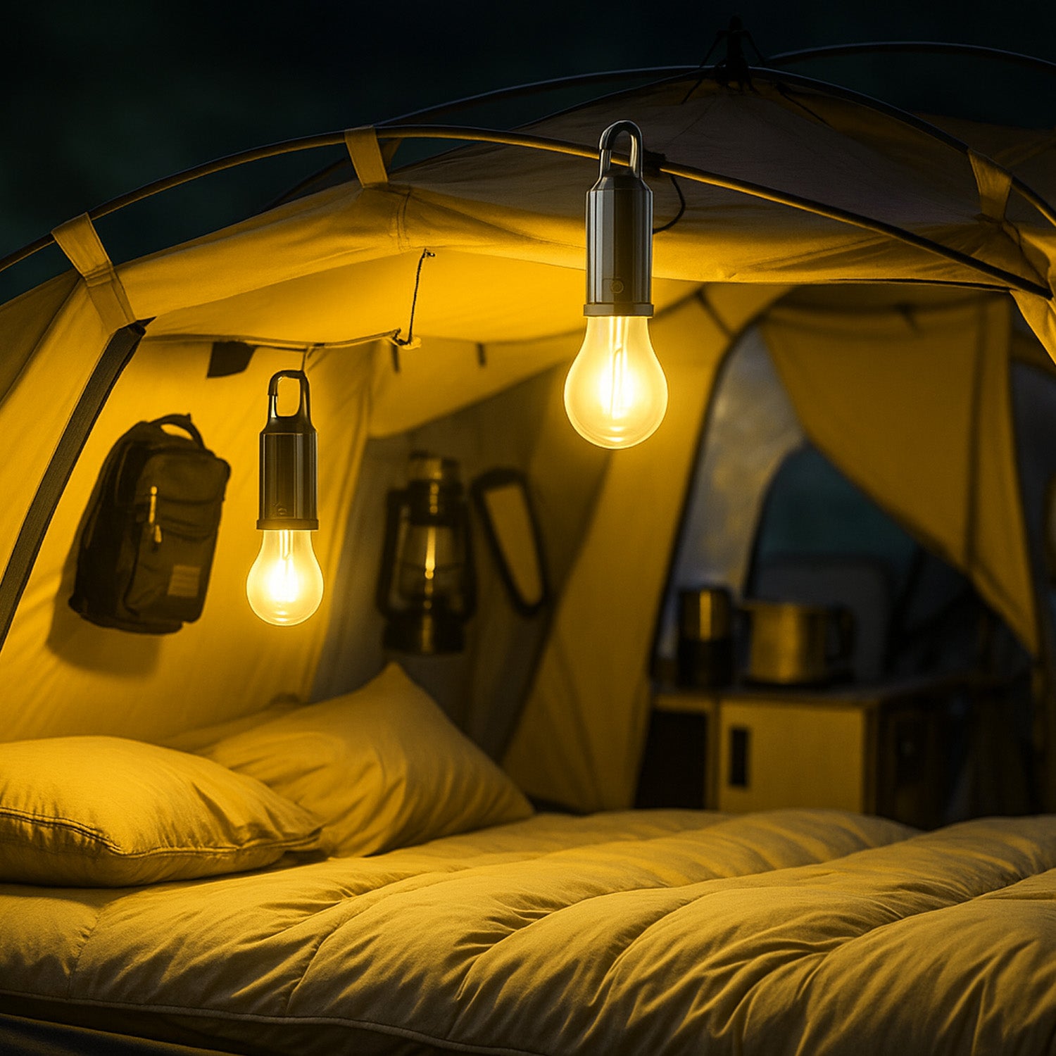 Camping Lamps are Hanged inside Camping Tent.