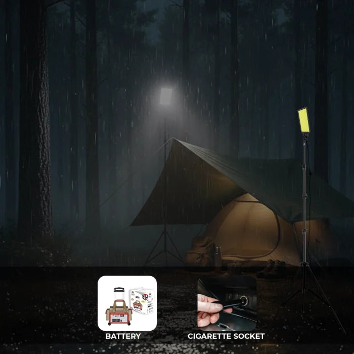 A Camping Lamp with Tripod Stand is Installed in a Camping Area.