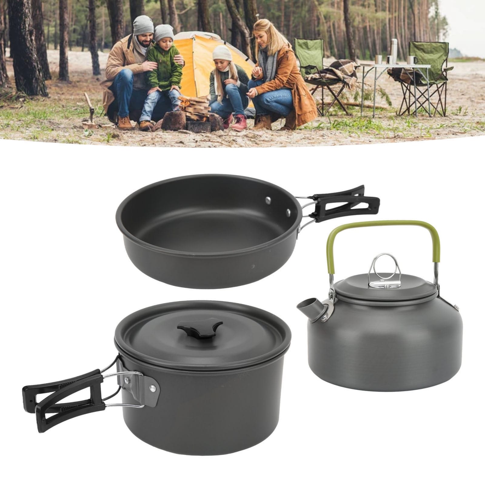 A Family is Using Camping Outdoor Cookware Set To Cook Food.