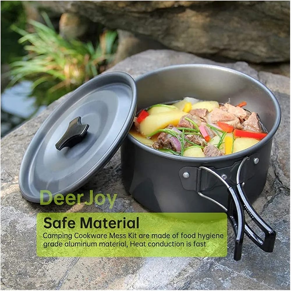 Camping Outdoor Cookware Set With Food Items On it.