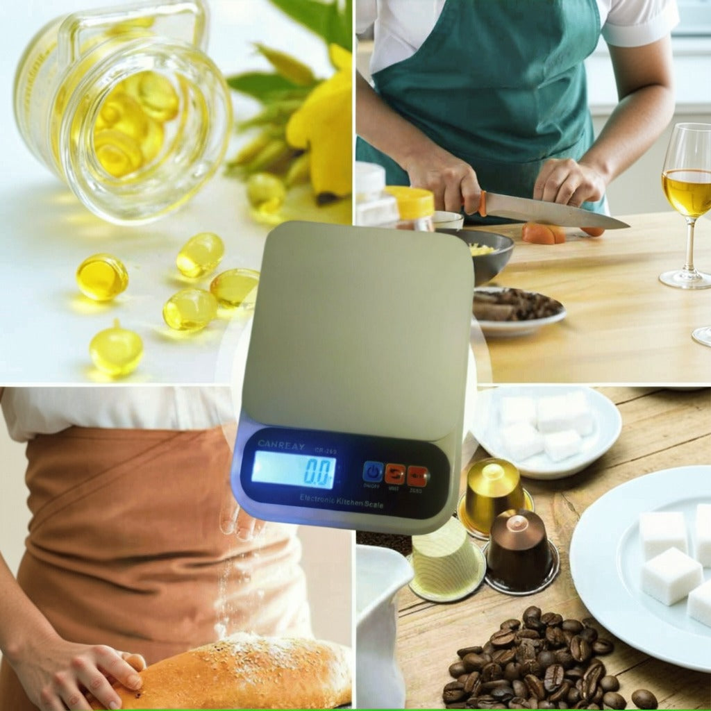 A digital kitchen scale displayed with various food items and cooking scenes, showing its use for measuring ingredients like capsules, vegetables, sugar, and coffee.