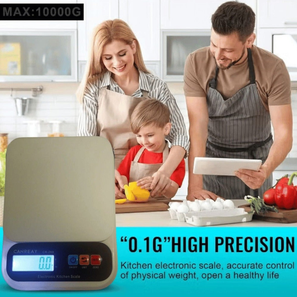 A family cooking together in the kitchen while using a digital kitchen scale, highlighting its high-precision measurement feature.