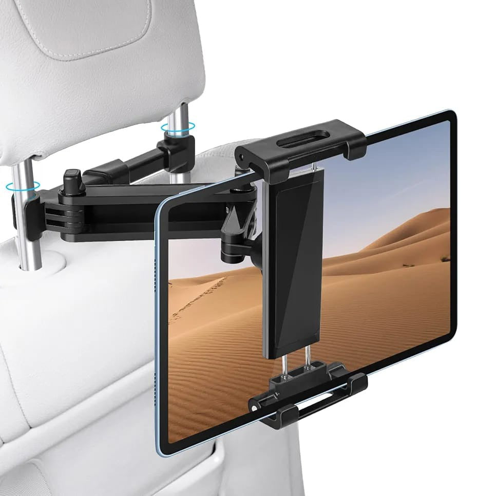 A Car Mobile Phone Tablet Holder Stand is Installed On Car Headrest.