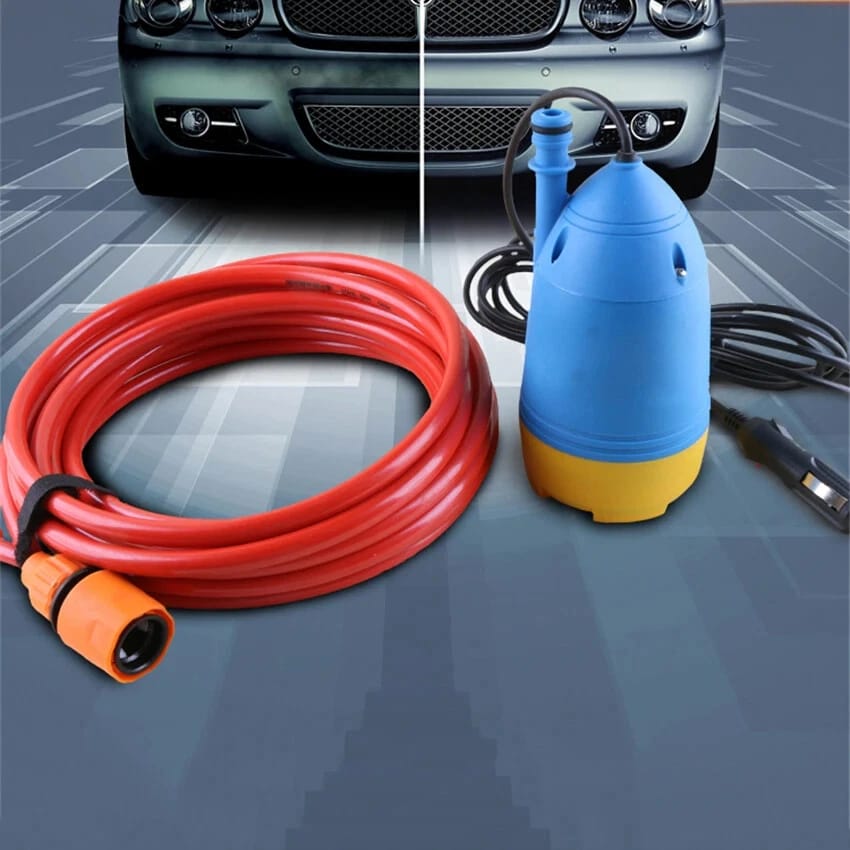 A portable high-pressure electric pump with hose placed at the back side of a car
