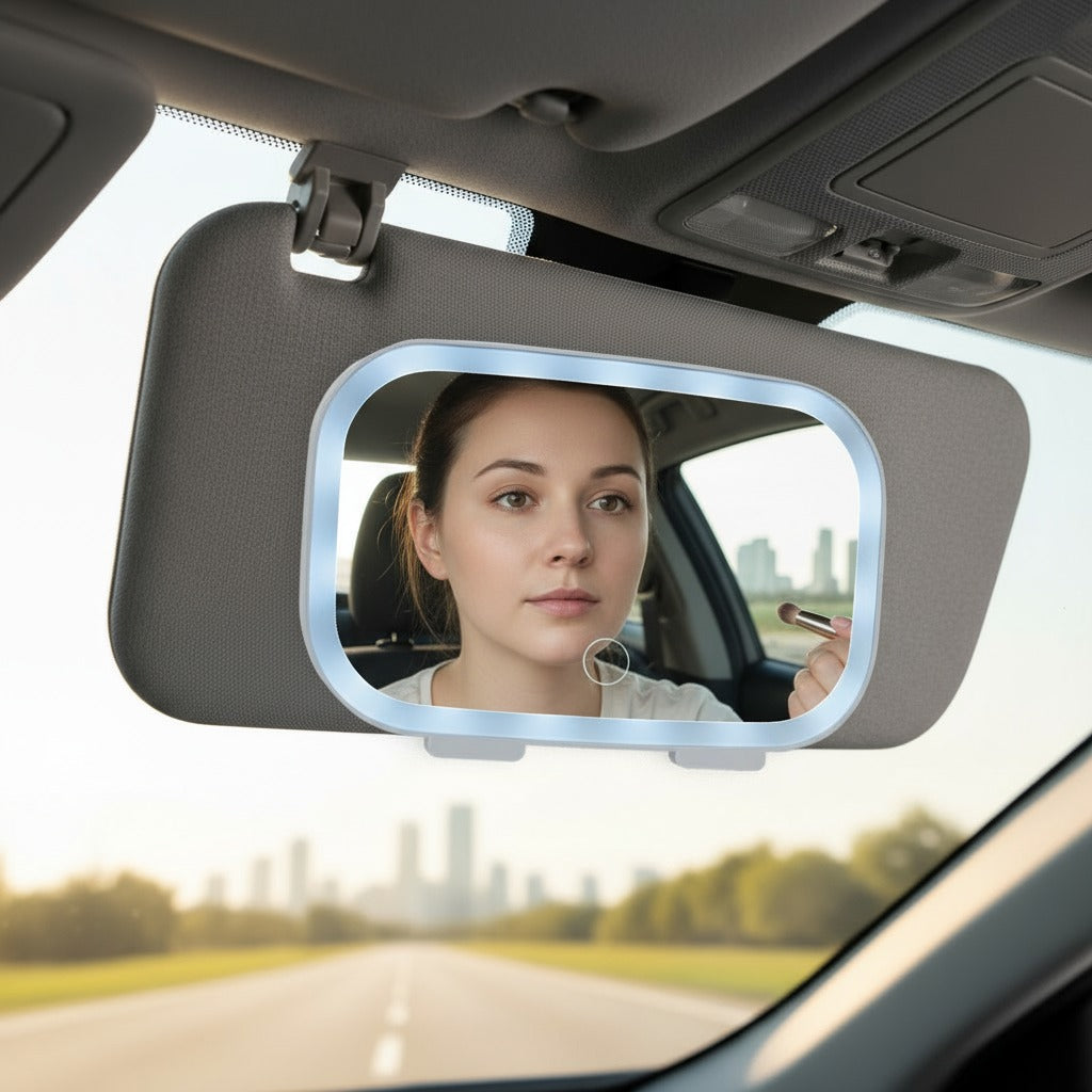 Car sun visor vanity mirror with LED lights, showing a woman applying makeup.