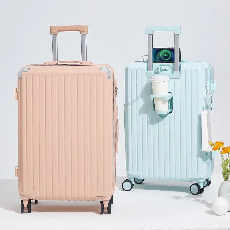 Pink and Blue Carry-On Luggage Trolley Bags With USB Charging and Cup Holder.