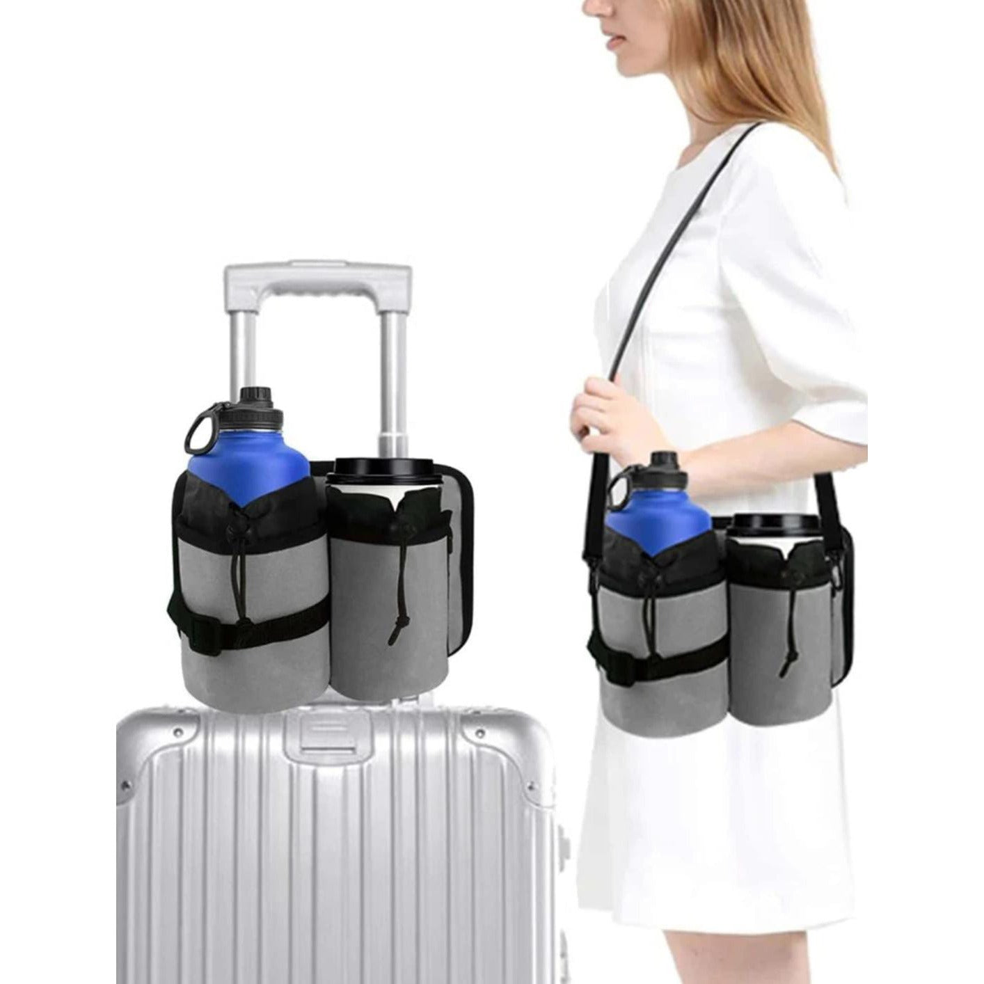 A Women is Carrying Travel Drink Holder Bag.