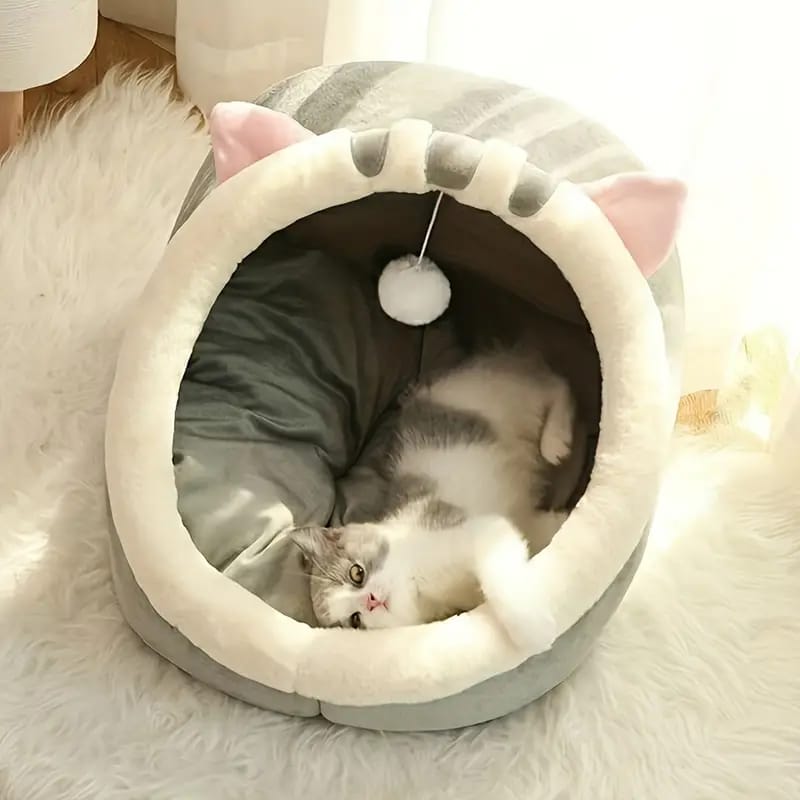 Cat Sleeping in Cat Bed Lounger Cave.