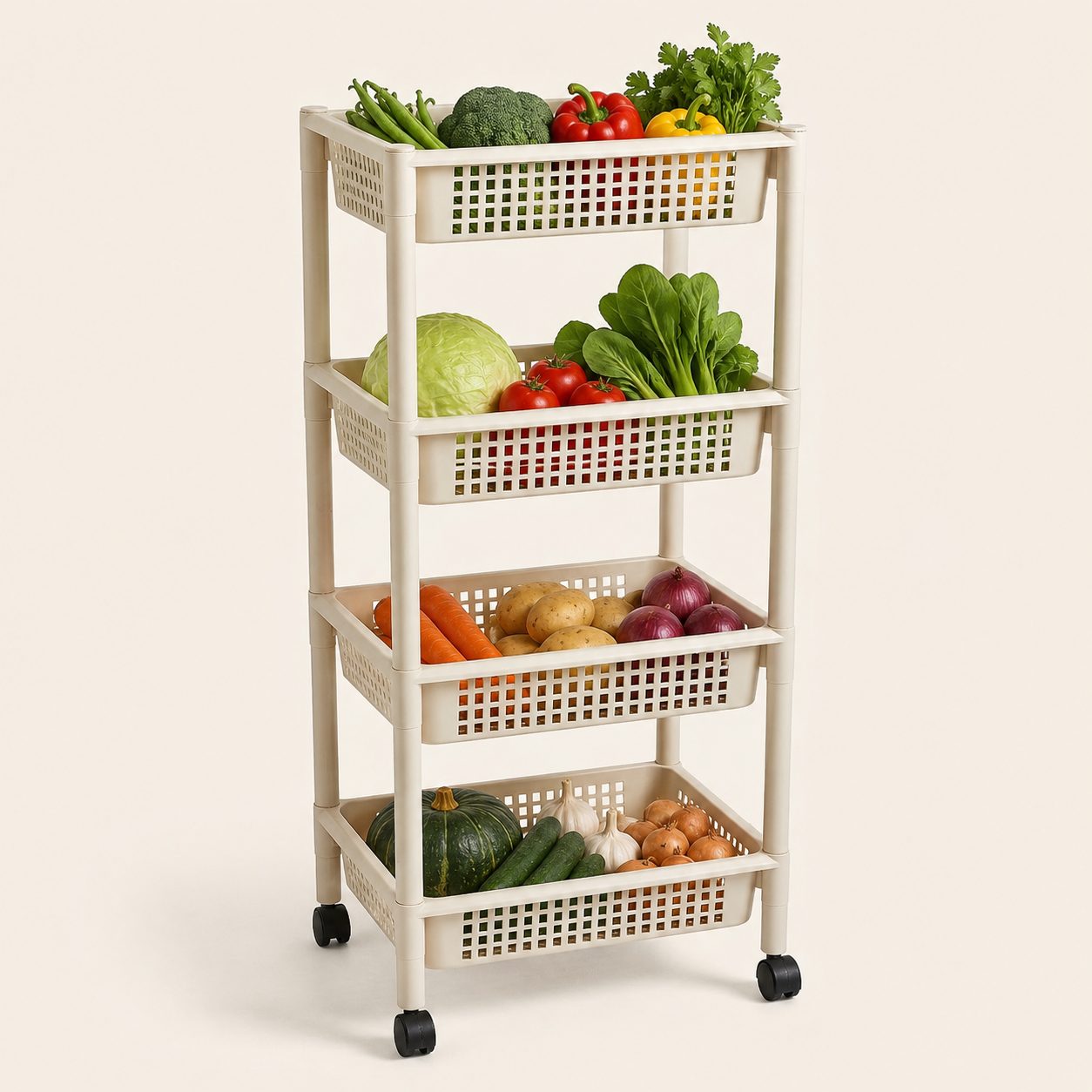 4 Tier Plastic Rolling Storage Cart, Home Multi-Purpose Basket Organizer Rack