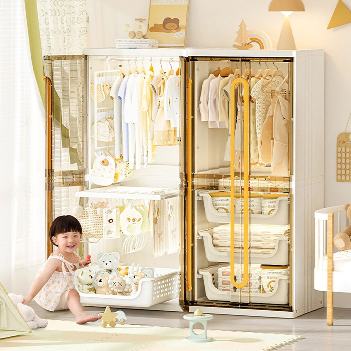 A Child is Arranging Her Toys On Modern Wardrobe Cloth Storage Cabinet Rack.