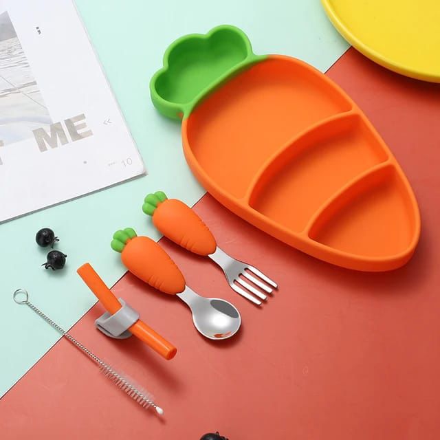 Children Non-Slip Silicone Suction Dinner Plate With Fork and Spoon.